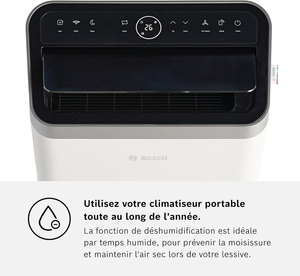 2026 Bosch Cool 4000 Portable AC - 3 en 1 : Climatiseur, Déshumidificateur, Ventilateur - 2,6 kW pour les pièces jusqu'à 35m² - Avec Mode Auto, Mode Silencieux et Mode Veille (48 db (A)) [Classe A+]