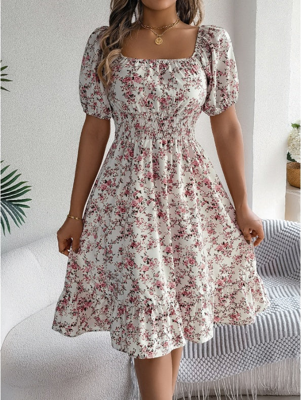 Women's Casual Vacation Puff Sleeve Floral Midi Dress Boho Style - LAKD London