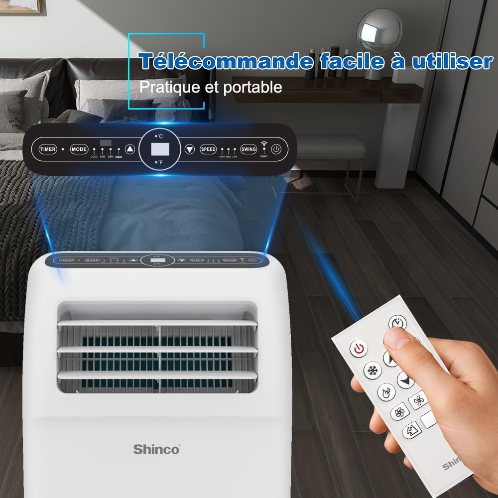 2026 SHINCO Climatiseur mobile, 7000 BTU 2,05kW, Refroidir&Ventilation&Déshumidification, taille de la pièce jusqu'à 54m³(18㎡), Climatiseur mobile avec tuyau d'évacuation et tuyau de vidange, mode sommeil