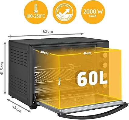 2026 TZS First Austria Mini-four 60 l I 2000 W I Convection + Rôtisserie I 4 éléments chauffants I Plage de température jusqu'à 230 °C I Minuterie 60 min I Inox I Noir