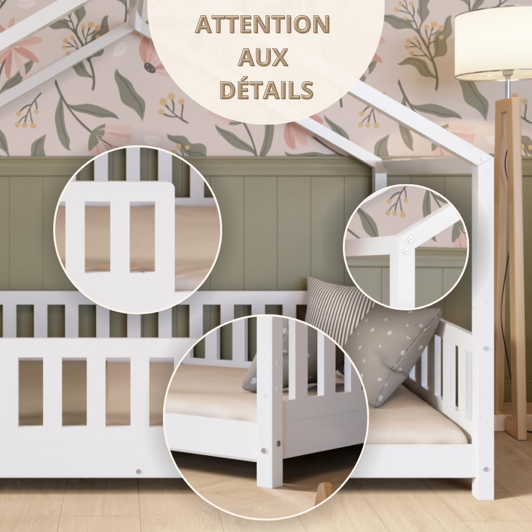 2026 Lit cabane Crazy Pine Crazy House avec tiroirs 190 x 90 cm &ndash; Lit enfant en bois naturel avec barri&egrave;re &ndash; Lit Montessori au sol avec rangement suppl&eacute;mentaire et barri&egrave;re amovible