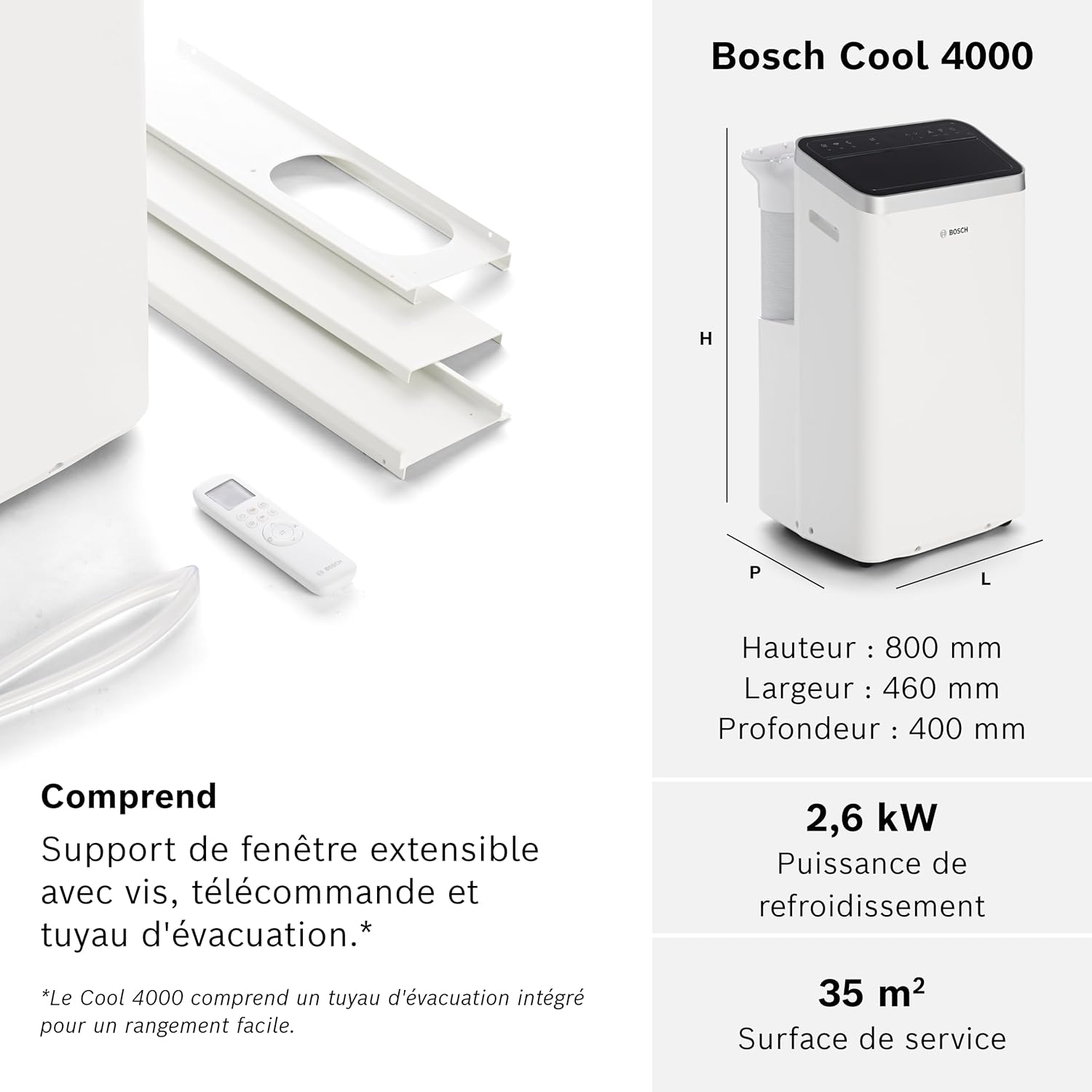2026 Bosch Cool 4000 Portable AC - 3 en 1 : Climatiseur, Déshumidificateur, Ventilateur - 2,6 kW pour les pièces jusqu'à 35m² - Avec Mode Auto, Mode Silencieux et Mode Veille (48 db (A)) [Classe A+]