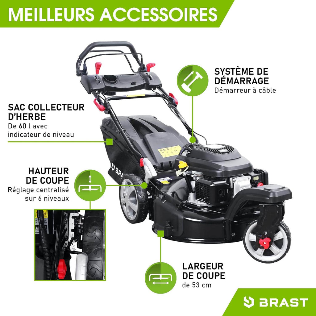 2026 BRAST tondeuse thermique 3 roues TRIKE E-START 224cc 53cm tractée démarrage électrique mulching 4en1 capot en tôle en acier 60l - moteur 4 temps de la marque française GT reglable