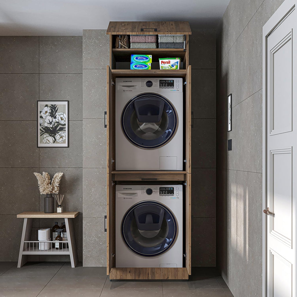 2026 ROOMART Dora Armoire de machine à laver, pour sèche-linge et machine à laver, en 4 couleurs, avec portes et planche coulissante (chêne anthracite)