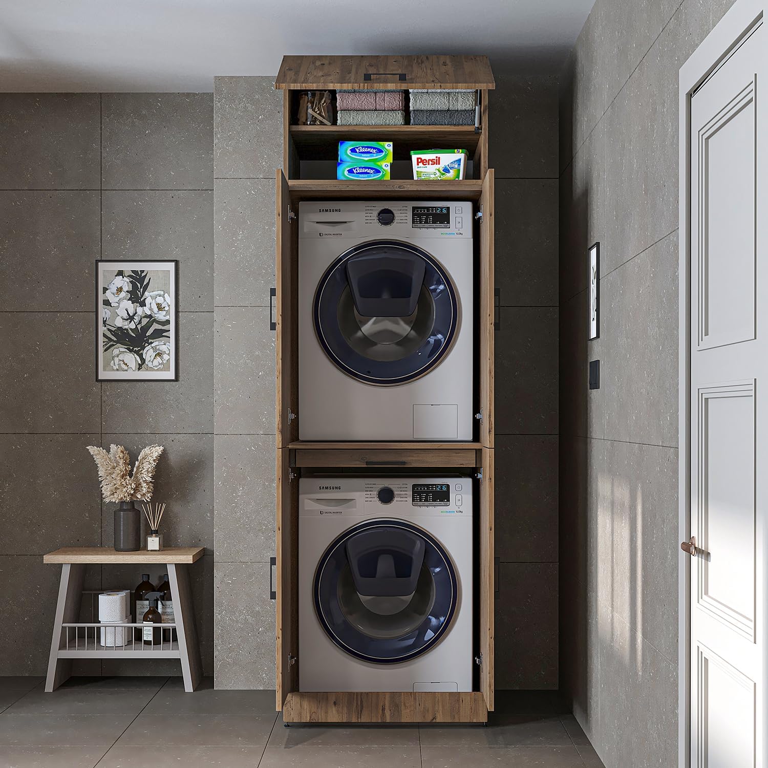 2026 ROOMART Dora Armoire de machine à laver, pour sèche-linge et machine à laver, en 4 couleurs, avec portes et planche coulissante (chêne anthracite)