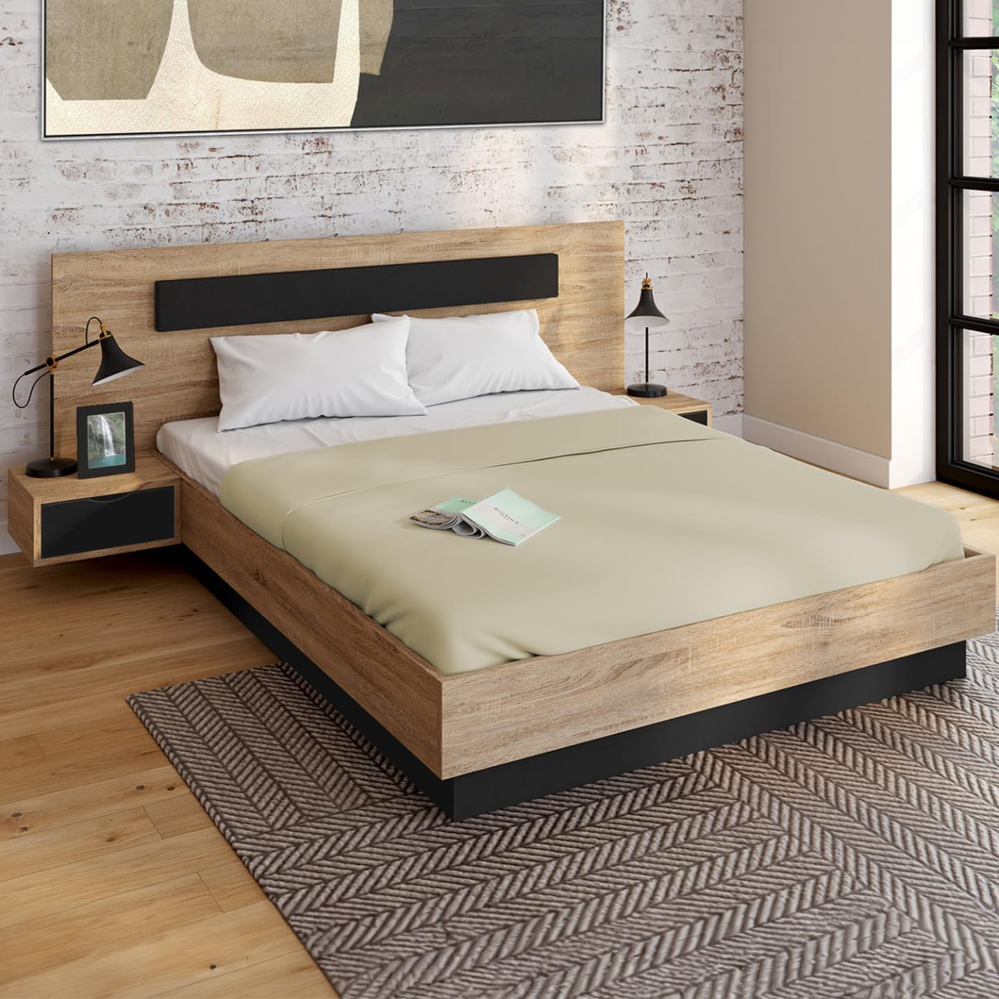 2026 Lit Coffre Santa avec Tables de chevets intégrées et sommier 140x190cm Couleur Bois et Noir