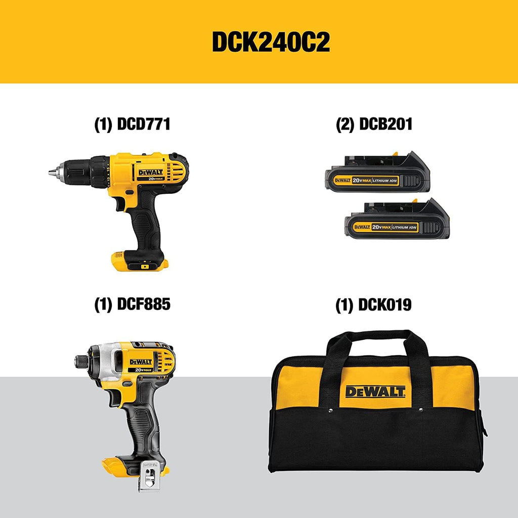 2026 2025 Perceuse-visseuse sans fil 20V MAX 1.3 Ah + Visseuse à chocs DeWALT – Kit combiné DCK240C2