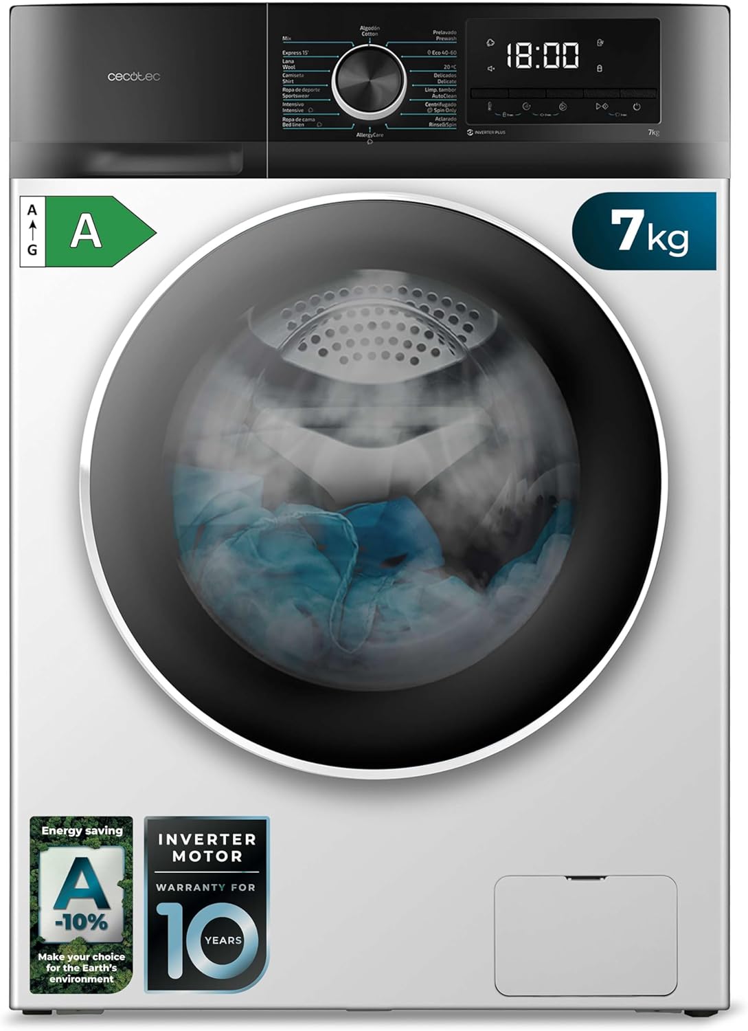 2026 Cecotec Bolero Dresscode 10500 Inverter Steel A. Lave-linge 10 kg Steel, 1400 tr/min, Moteur Inverter Plus, Vapeur, Classe A.