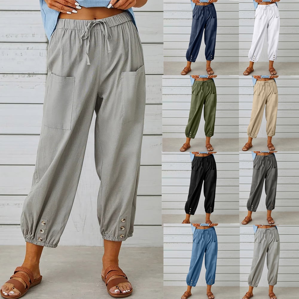 Pantalon à cordon à nouer en coton et lin poches décontracté pour femme