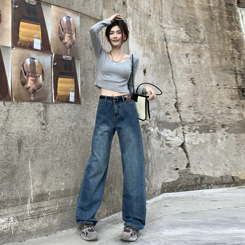 Jean rétro taille haute ample baggy droit en denim pour femme