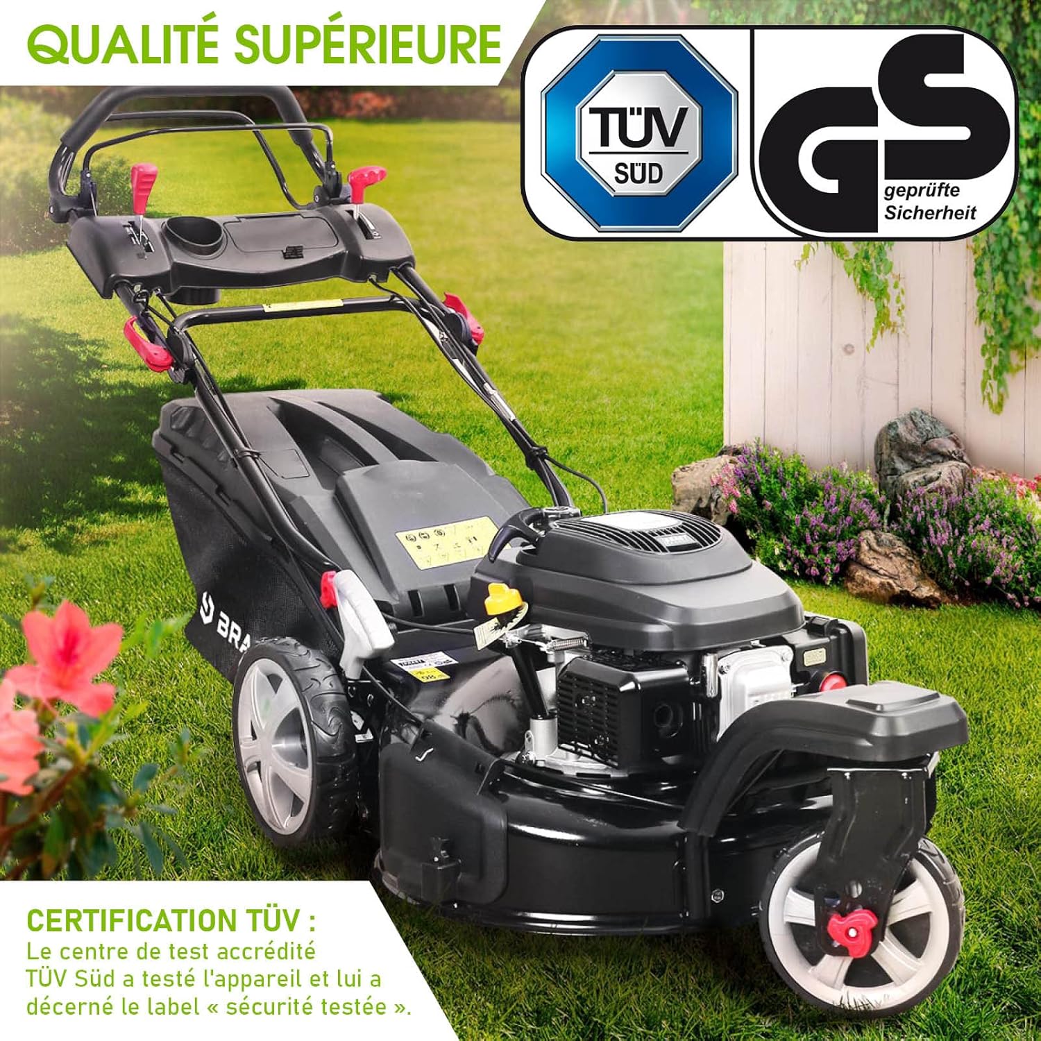 2026 BRAST tondeuse thermique 3 roues TRIKE E-START 224cc 53cm tractée démarrage électrique mulching 4en1 capot en tôle en acier 60l - moteur 4 temps de la marque française GT reglable