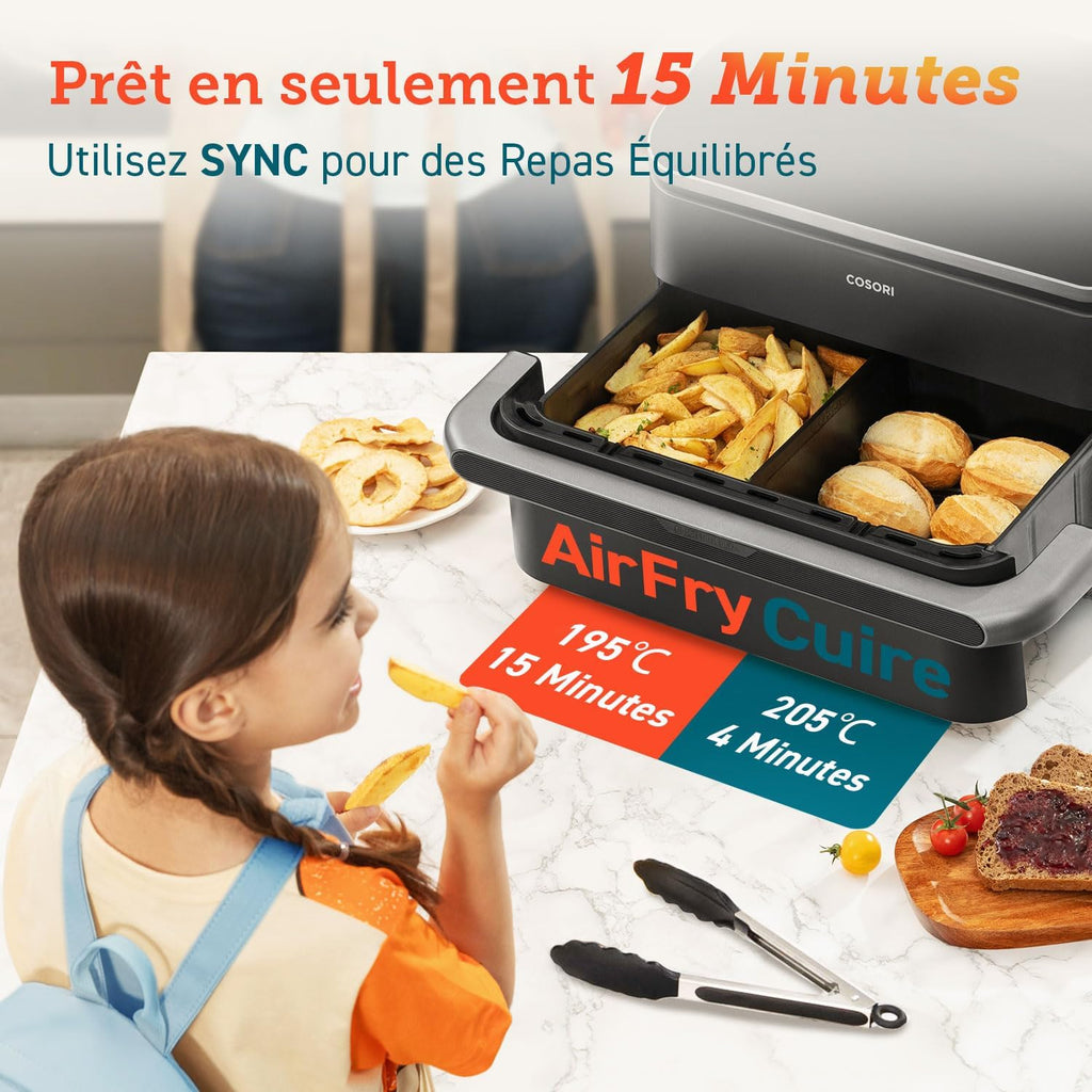 2026 COSORI Air Fryer 10L Twinfry,Dual Zone Avec S&eacute;parateur Amovible,Capacit&eacute; Flexible de 10L,Friteuse sans Huile 6-en-1,35℃-240℃,66% d'&Eacute;nergie en Moins,Livre de Recettes et Application