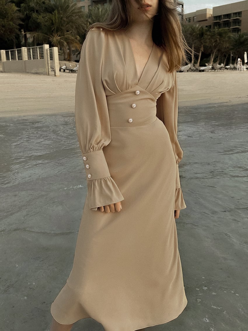 Robe col V coupe ajustée élégant français chiffon midi pour femme