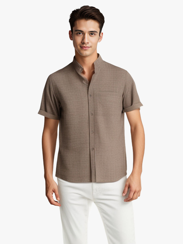 Chemise couleur unie manches courtes à revers en coton et lin été pour homme