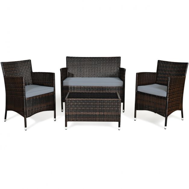2026 Salon de Jardin 4 PCS Mobilier de Terrasse en Rotin PE pour Véranda Patio Terrasse Piscine Marron et Gris