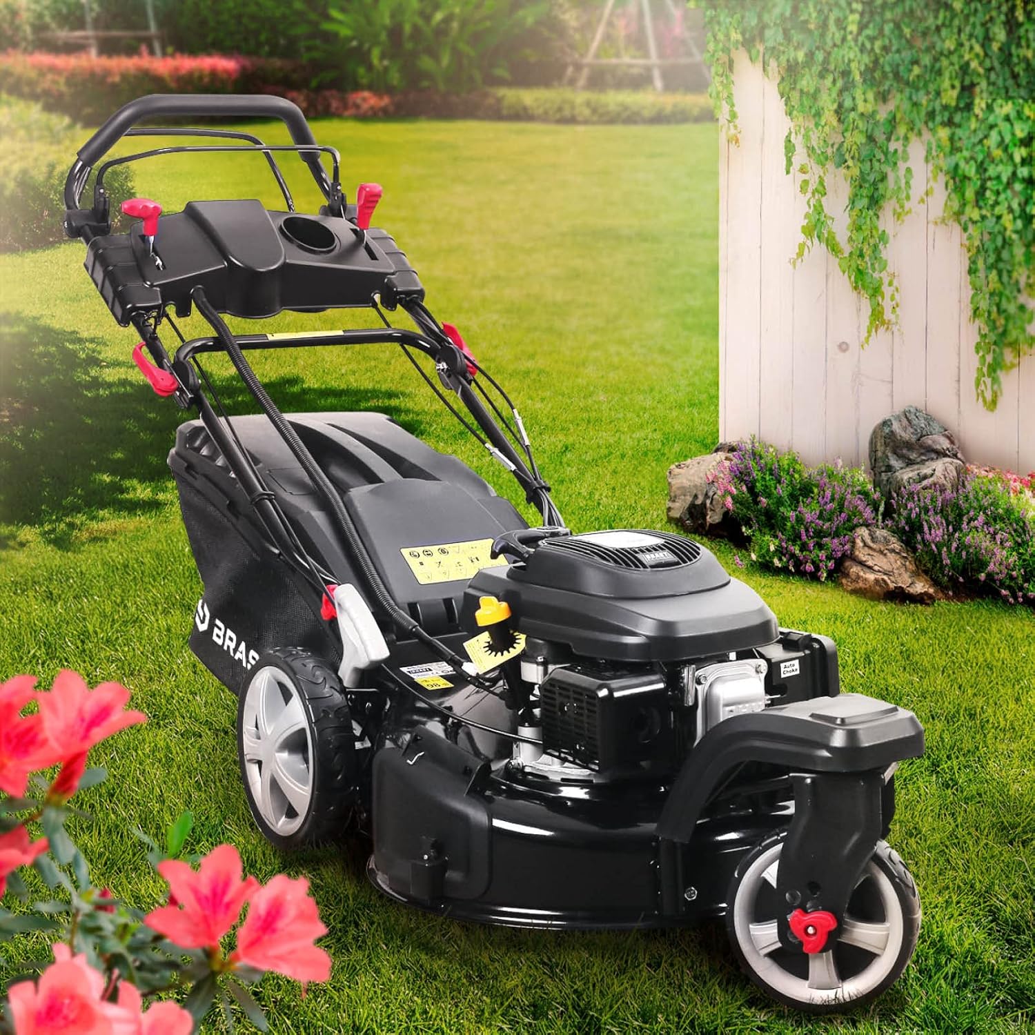 2026 BRAST tondeuse thermique 3 roues TRIKE E-START 224cc 53cm tractée démarrage électrique mulching 4en1 capot en tôle en acier 60l - moteur 4 temps de la marque française GT reglable