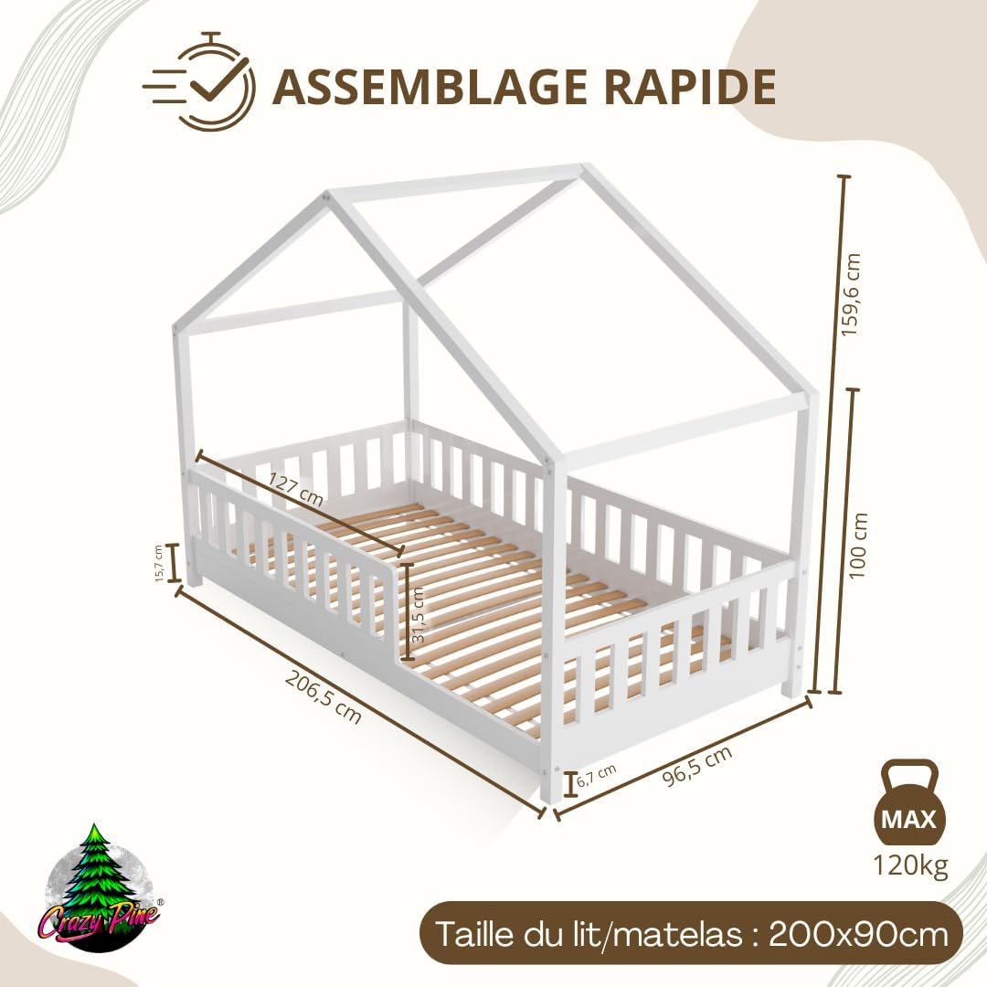 2026 Lit cabane Crazy Pine Crazy House avec tiroirs 190 x 90 cm &ndash; Lit enfant en bois naturel avec barri&egrave;re &ndash; Lit Montessori au sol avec rangement suppl&eacute;mentaire et barri&egrave;re amovible