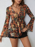 Women's Mesh Printed Knotted Flare Long Sleeve Top Casual T-shirt - LAKD London