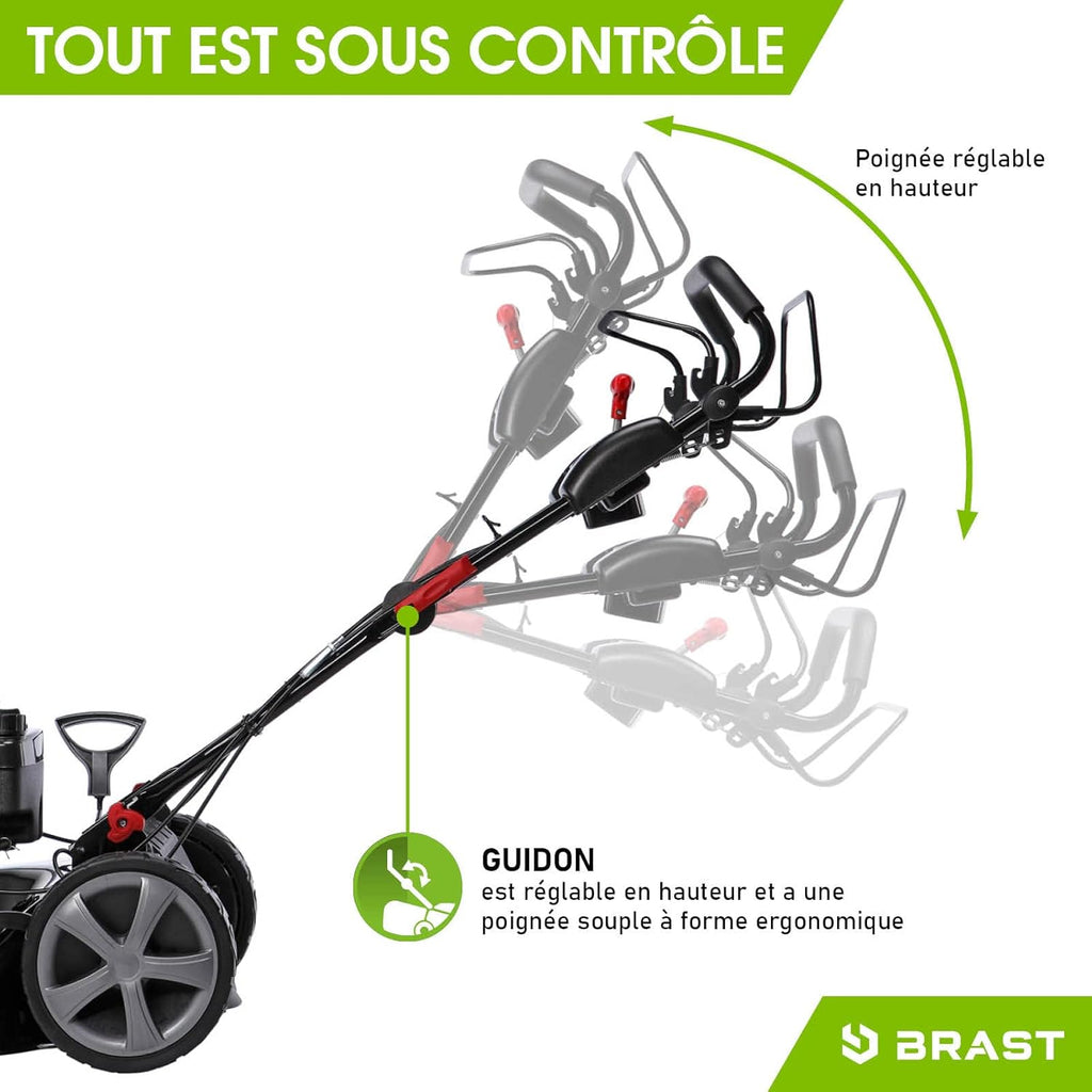 2026 BRAST tondeuse thermique 3 roues TRIKE E-START 224cc 53cm tractée démarrage électrique mulching 4en1 capot en tôle en acier 60l - moteur 4 temps de la marque française GT reglable