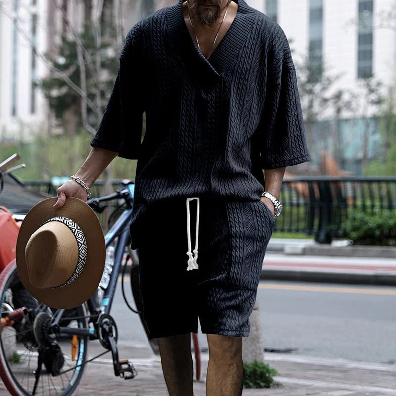 2026 Men's Casual Jacquard Summer Two-Piece V-Neck Shorts Set