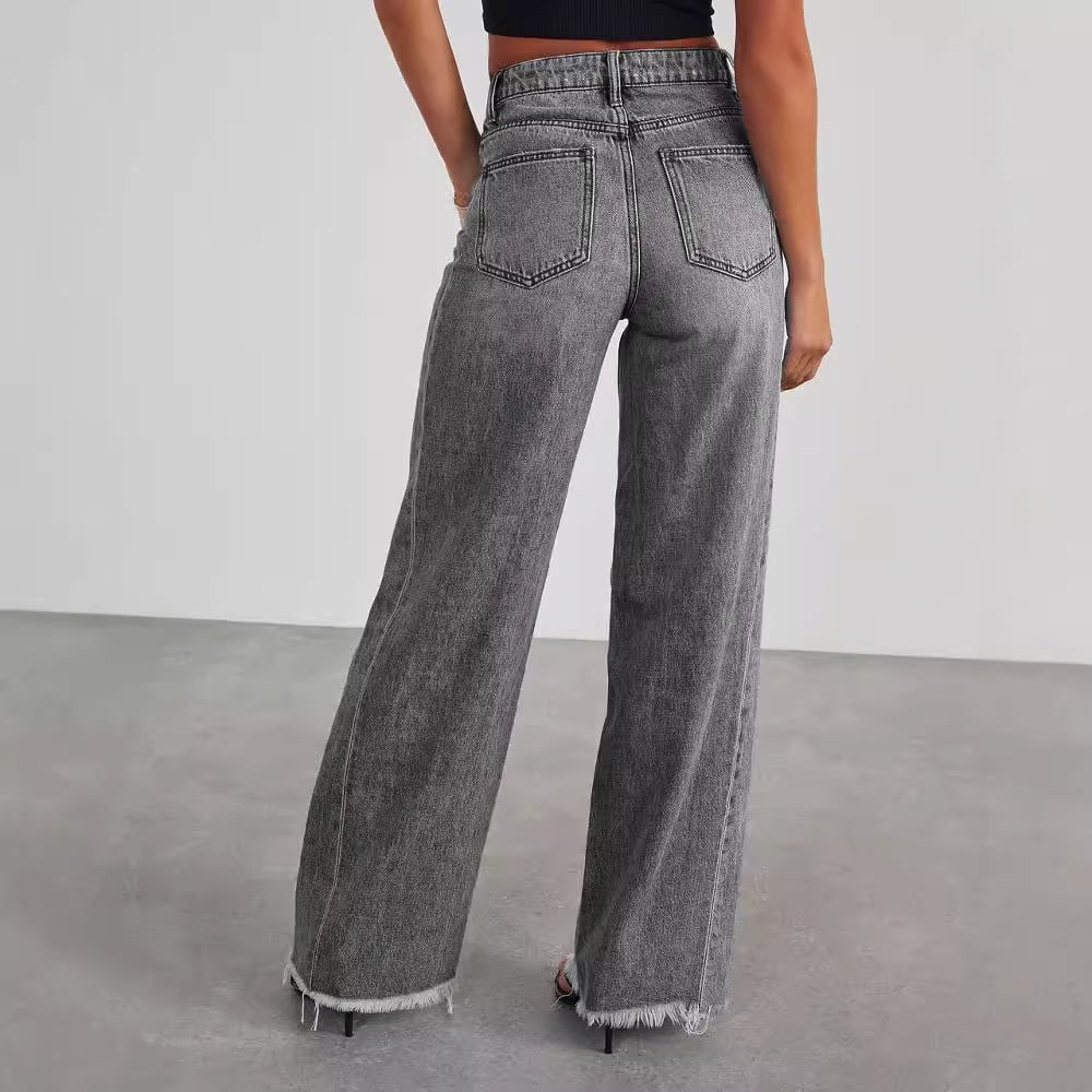 Jean taille haute jambes droites en denim confortable coupe ajustée pour femme