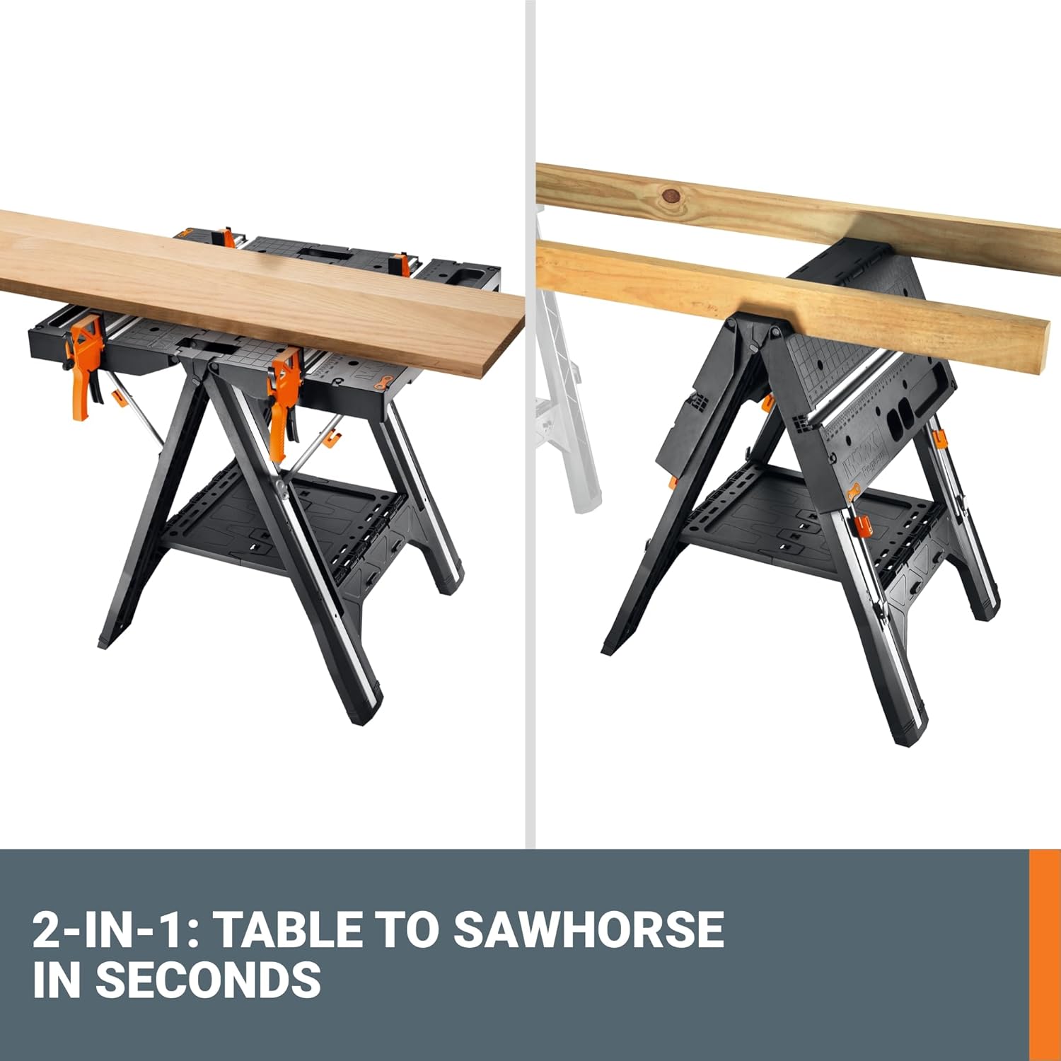2026 2025 Table de Travail et Chevalet Pliant 2-en-1 Worx Pegasus, Banc de Travail Portable Facile à Installer, 31" L x 25" P x 32" H, Léger avec Haute Capacité de Charge, WX051 - Inclut 2 Serres et 4 Brides