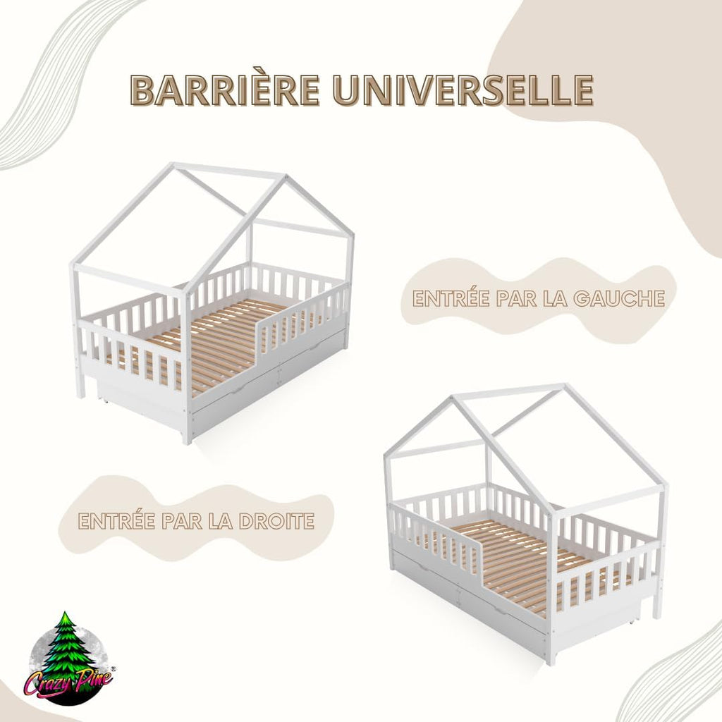 2026 Lit cabane Crazy Pine Crazy House avec tiroirs 190 x 90 cm &ndash; Lit enfant en bois naturel avec barri&egrave;re &ndash; Lit Montessori au sol avec rangement suppl&eacute;mentaire et barri&egrave;re amovible