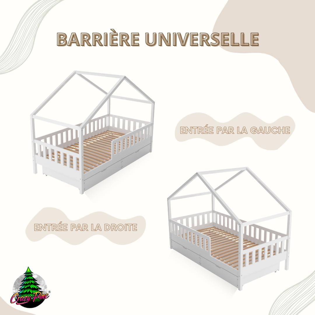 2026 Lit cabane Crazy Pine Crazy House avec tiroirs 190 x 90 cm &ndash; Lit enfant en bois naturel avec barri&egrave;re &ndash; Lit Montessori au sol avec rangement suppl&eacute;mentaire et barri&egrave;re amovible