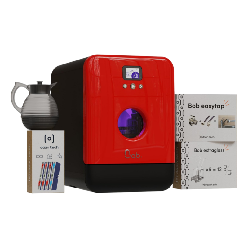 2026 DAAN TECH Bob - Lave-vaisselle Compact 3 Couverts Encastrable - Pose Libre, Avec Réservoir, Portable - Séchage Naturel - Assiette 29 cm - Label Origine France Garantie, Eco-Conçu (Blanc-Rouge)