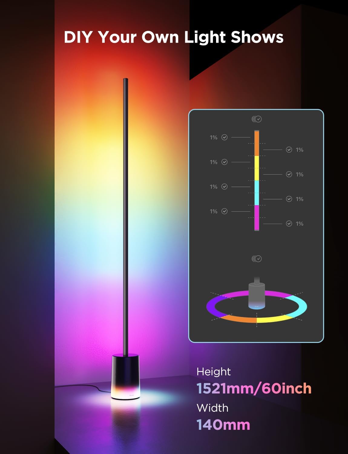2026 2025 Lampadaire Govee 2 avec Matter, LED RGBIC, Blanc Chaud et Froid, Compatible Alexa, 1725 lm, Synchronisation Musique, Modes Scènes, Lampadaire Intelligent pour Salon et Chambre, Noir (1 Pièce)