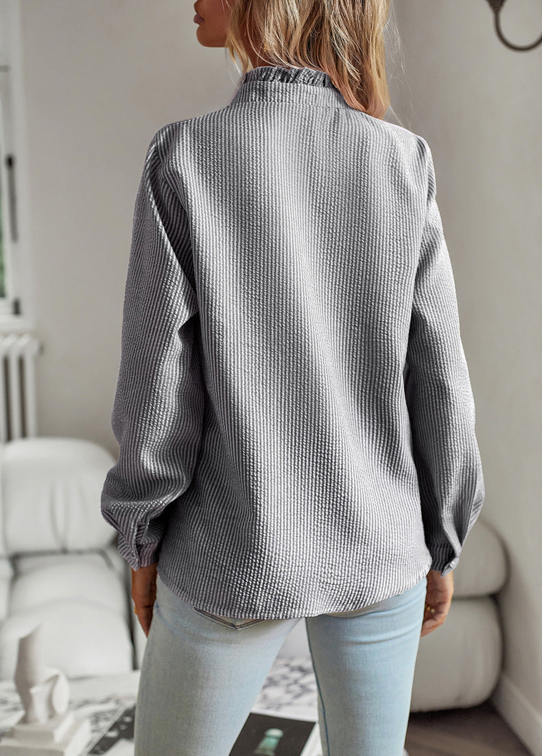 Women's Striped Ruffle Textured Long Sleeve Commuter Shirt - LAKD London