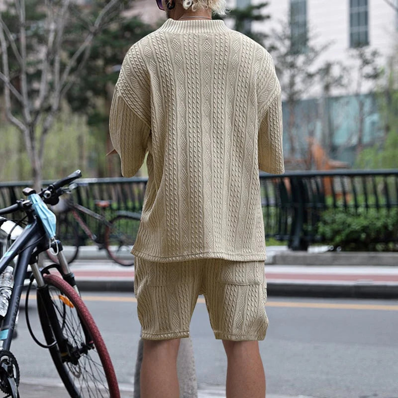 2026 Men's Casual Jacquard Summer Two-Piece V-Neck Shorts Set