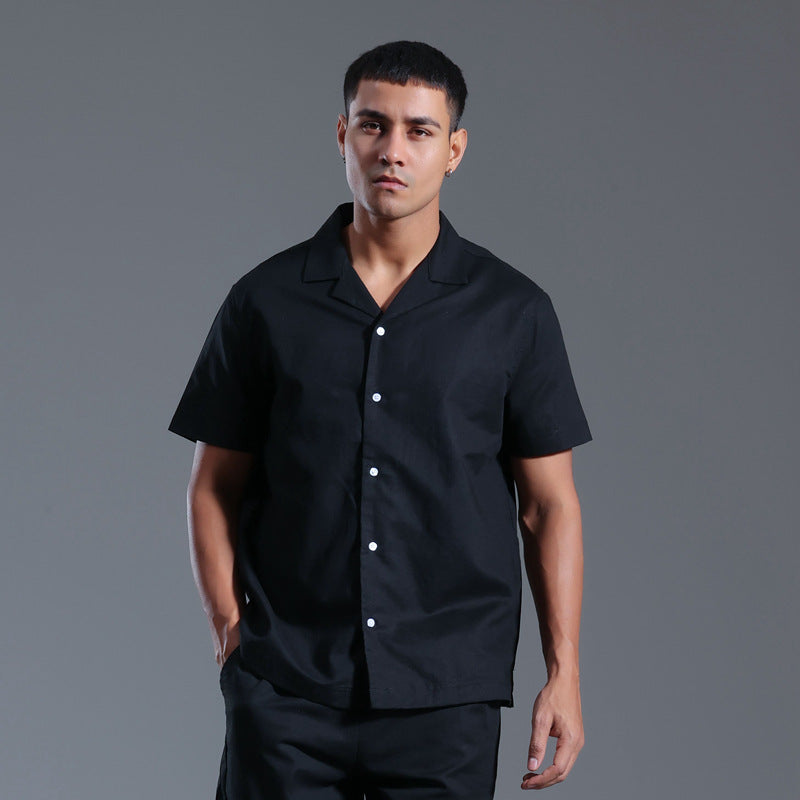 Chemise col cubain en coton et lin manches courtes été décontracté pour homme