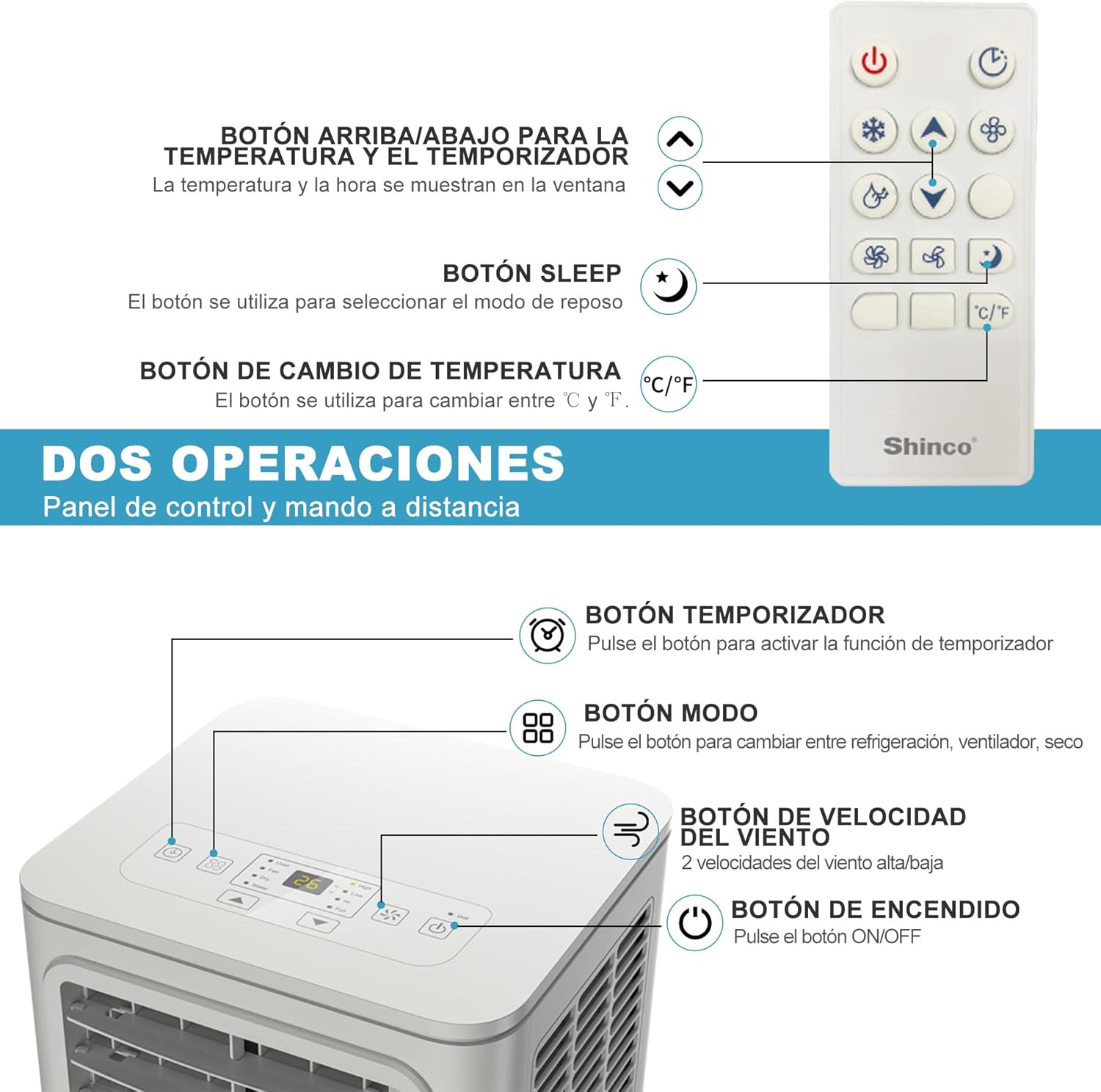 2026 SHINCO Climatiseur mobile, 7000 BTU 2,05kW, Refroidir&Ventilation&Déshumidification, taille de la pièce jusqu'à 54m³(18㎡), Climatiseur mobile avec tuyau d'évacuation et tuyau de vidange, mode sommeil