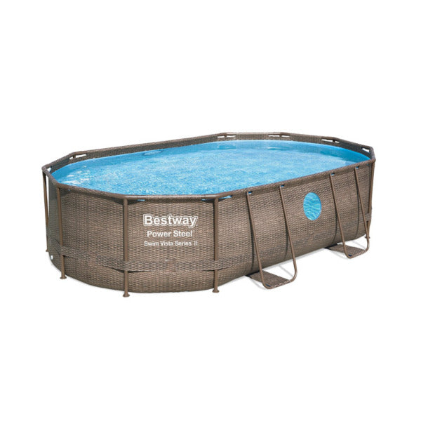 Bestway 56946 Piscine Power Steel™ Swim Vista ovale 488 x 305 x 107 cm motif rotin avec hublots, filtration à sable, échelle, bâche et diffuseur Chemconnect™