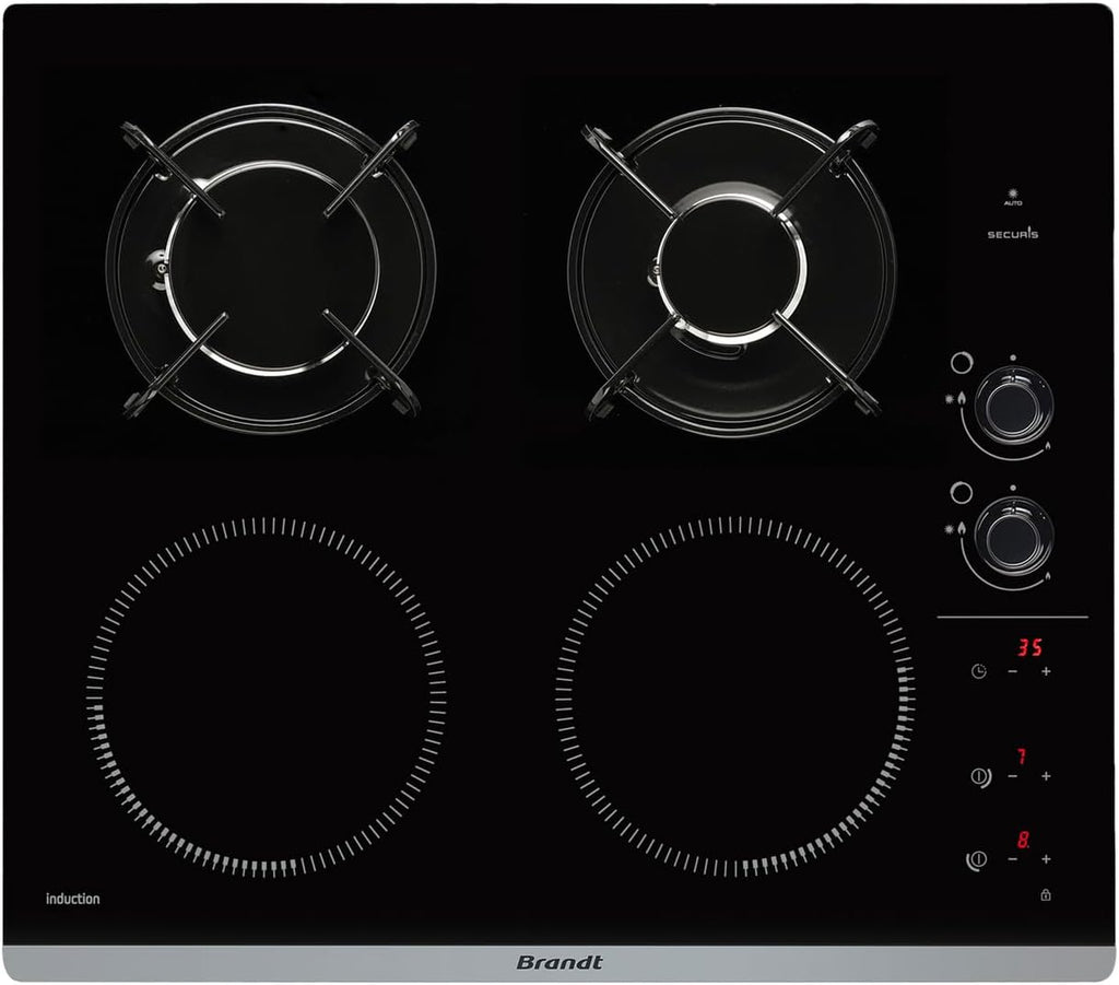 2026 Brandt - BPI6413BM - Plaque Induction et Gaz - Table de Cuisson - Noir - 4 Foyers - 3400W Electrique et 4600 Gaz - Dimensions Encastrement : 56x49cm - 9 Positions par Foyer - Fabriqué en France
