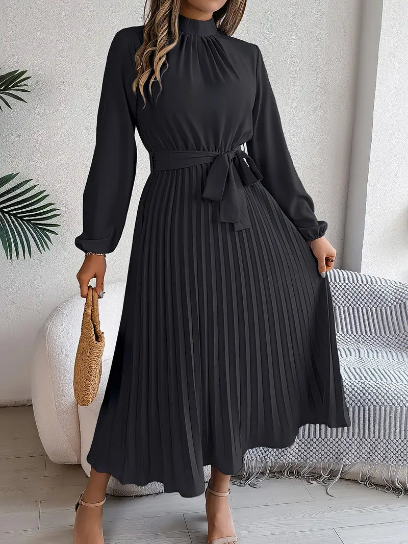 Robe haut de gamme plissé midi ceinturé manches longues pour femme