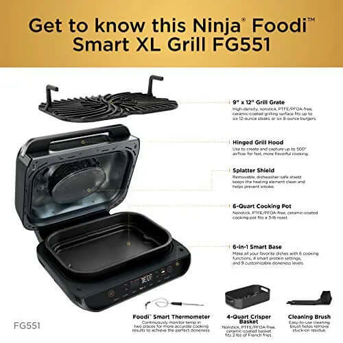 2026 2025 Ninja FG551 Foodi Smart XL Grill d’Intérieur 6-en-1 avec Friteuse à Air 4 Quart – Finition Acier Inoxydable